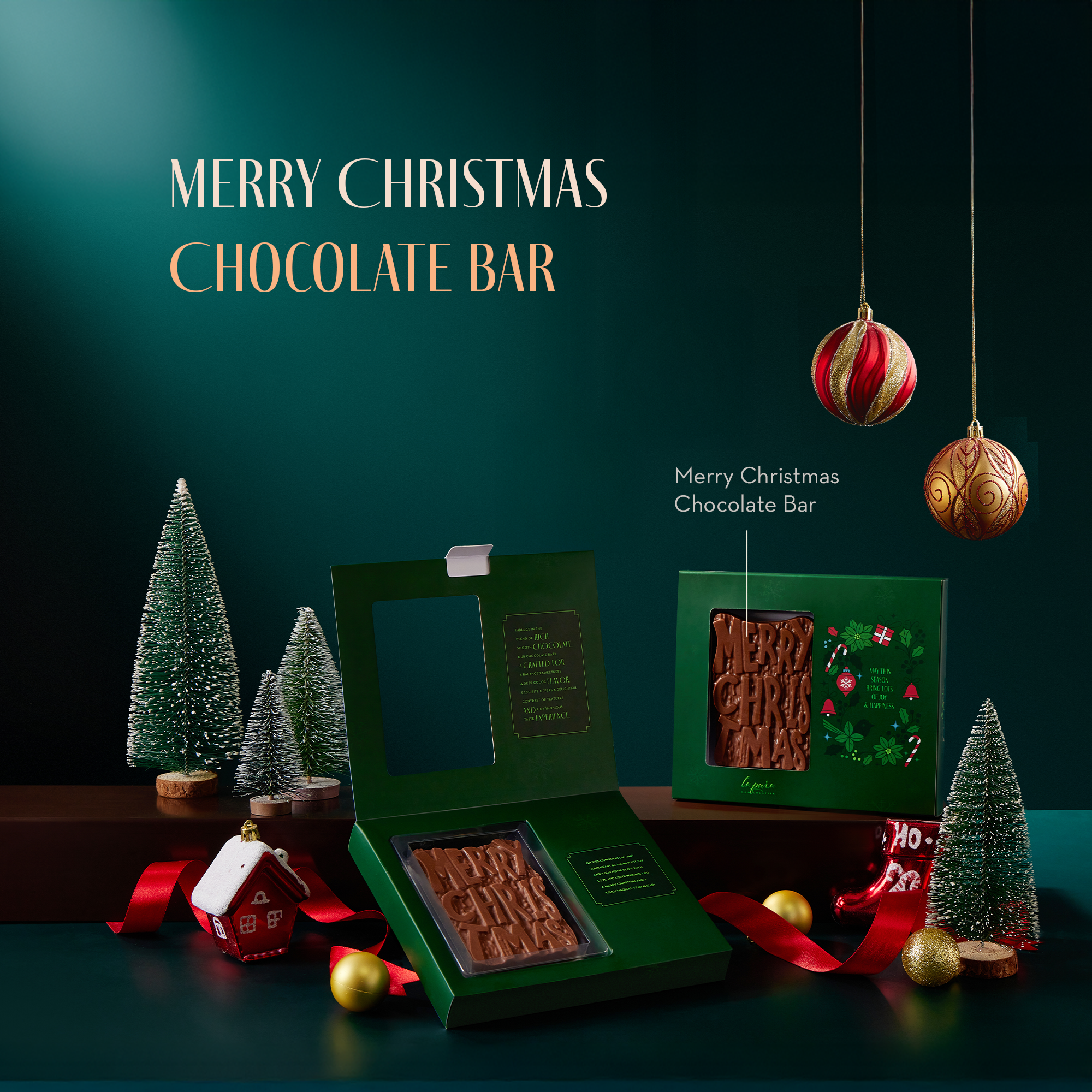 Merry Christmas Chocolate Bar with Walnut Brownie Fudge Filling in it.